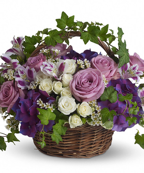 white and purple floral arrangement