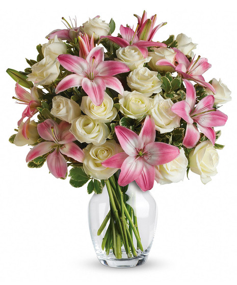 cream roses with pink lilies