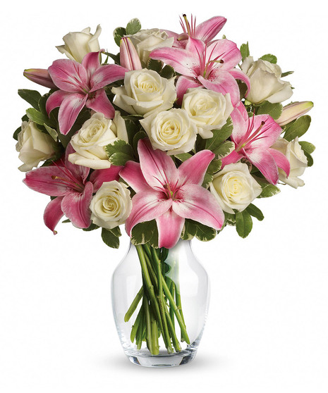 cream roses with pink lilies