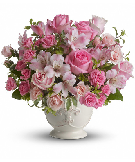 pink roses in sublime tribute accented with alstreomeria