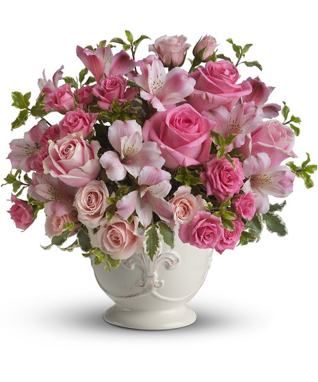 pink roses in sublime tribute accented with alstreomeria