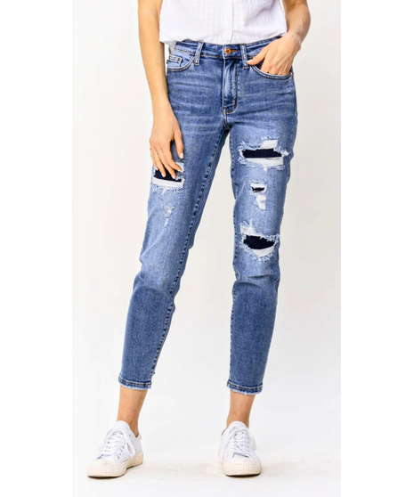Judy Blue - Mid Rise With Navy Patched Destroy Relaxed Jean
