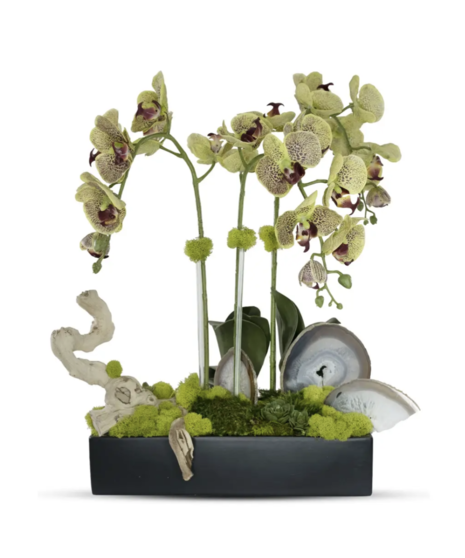 Green Orchids in Ceramic W/Agate Slabs - Faux