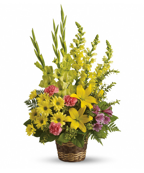 yellow flowers accented with alstroemeria and carnations