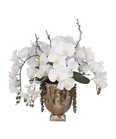 White Orchid in Gold Vase - Silk Flowers