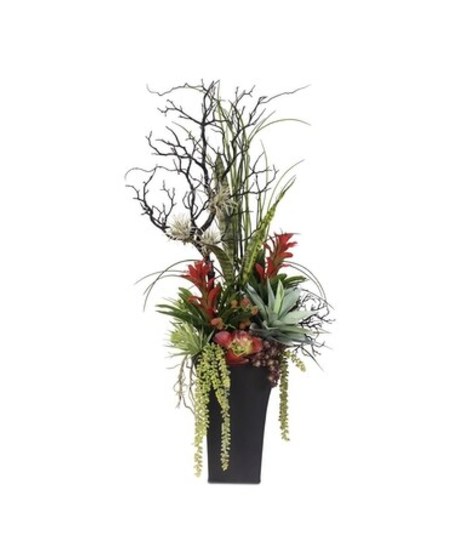 silk floral arrangement in dramatic, modern style with succulents